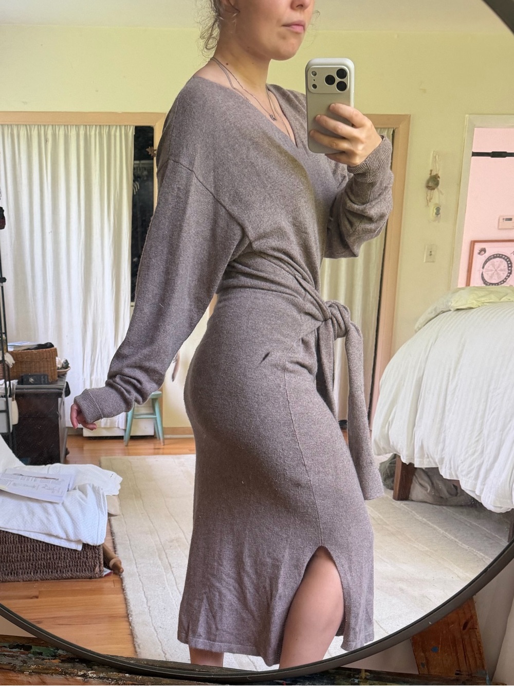 Knit Tie-Waist V-Neck Midi Dress in Taupe